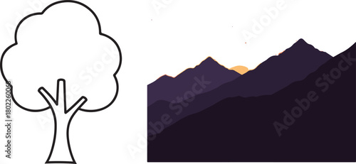 Minimalist Outline Tree and Silhouette Mountain Landscape