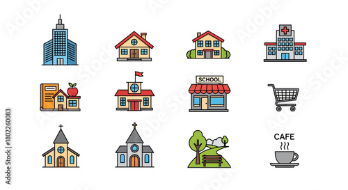 Essential city icons set featuring school, hospital, church, and cafe in modern flat design