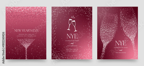 Pink Glitter New Year’s Eve NYE Banner Vector Templates with Champagne Glasses, Sparkling Confetti, and Elegant Party Celebration Design