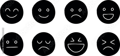 Collection of eight hand drawn black and white cartoon faces expressing different emotions and moods
