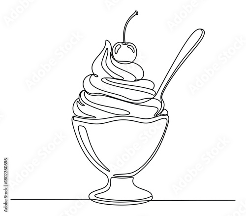 Continuous Line Drawing Ice Cream Sundae with Cherry & Spoon, Transparent