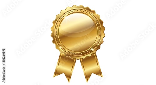 Isolated trophy icon representing success: a gold star medal with ribbons, featuring strong light reflection.