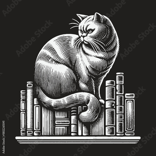 Cat on Books: A Detailed Black and White Illustration.