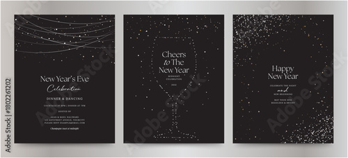 Elegant New Year’s Eve Celebration Invite Poster Banner Vector Templates with Starry Sky, Sparkling Confetti, and Champagne Glass Outline