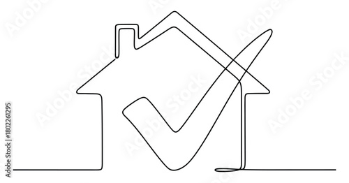 Continuous line drawing of house outline with check mark on transparent backdrop