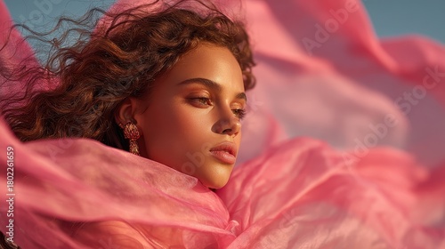 Woman standing wearing a pink dress and scarf with the fabric flowing in the wind against a blue sky