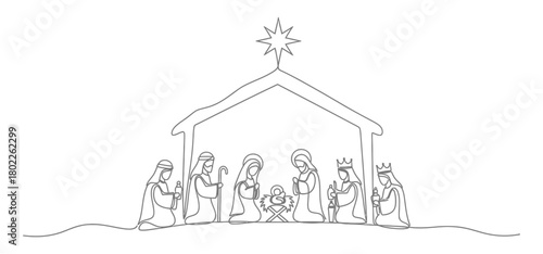 Continuous Line Nativity Scene, Jesus Christ Child, Holy Family, Three Wise Men