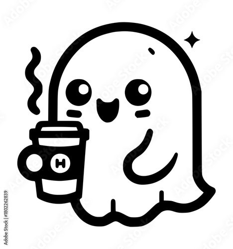 Ghostly Coffee Break: A charming ghost, brimming with character, enjoys a moment of bliss, cradling a steaming cup of coffee, showcasing a cheerful blend of the supernatural and everyday delights.