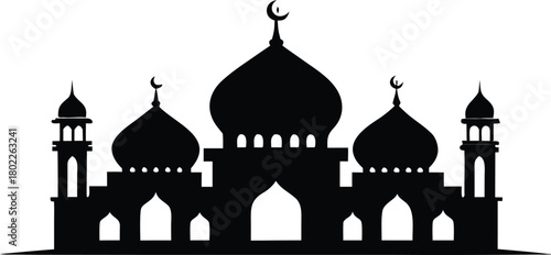 Silhouette of a grand mosque with domes and minarets against a white background