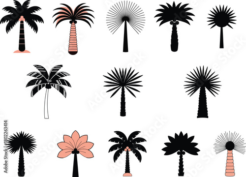 Collection of diverse palm tree icons in a minimalist vector art style