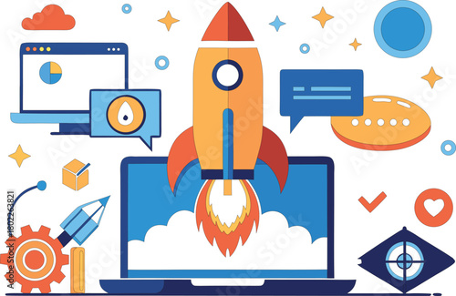 Rocket launching from laptop screen symbolizing startup growth and success
