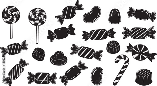 Assorted black and white candies lollipops and treats graphic drawing