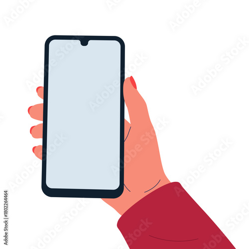 Woman's hand holding a blank-screen smartphone. Mobile tech, digital lifestyle, connectivity