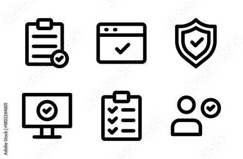 Modern approve icon set featuring verified checkmark symbols designed for trustworthy confirmation actions and enhancing clear professional digital interfaces