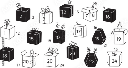 Black and White Christmas Advent Calendar with Numbered Gift Boxes