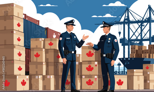 Canada trade war tariffs war customs officers inspecting shipping containers and export cargo boxes with Canadian flags at port city background website banner.