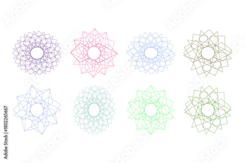 Assorted geometric starburst designs isolated on