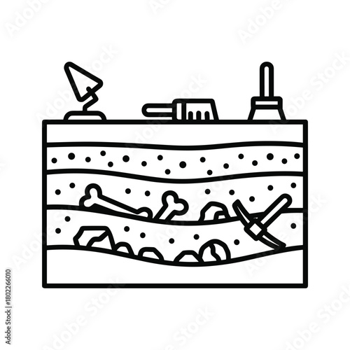 Archaeology excavation site icon: distinct soil layers revealing ancient bones, rocks, and various digging tools
