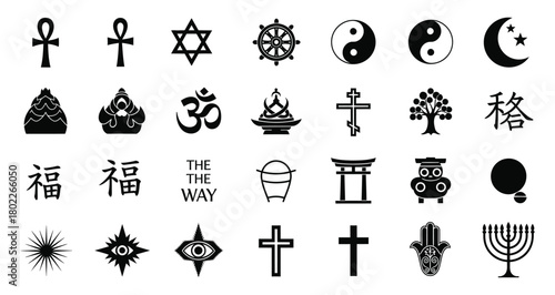 Diverse Global Religious Symbols and Spiritual Icon Set in Black and White Outlines