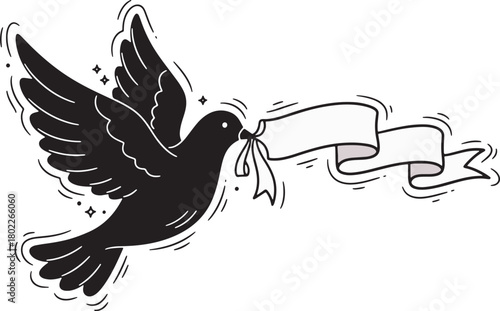 Black bird carrying a banner in its beak peace and hope