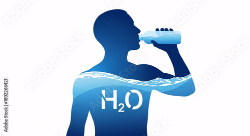 Silhouette of a man drinking water isolated on white background