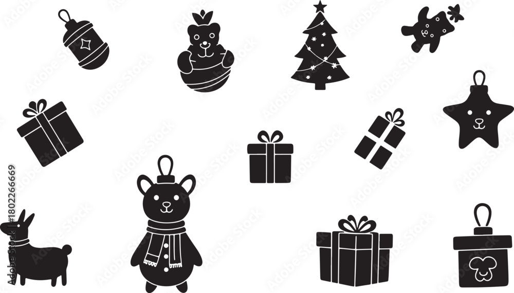 Naklejka premium Black silhouette Christmas ornaments and gift boxes on white background festive season