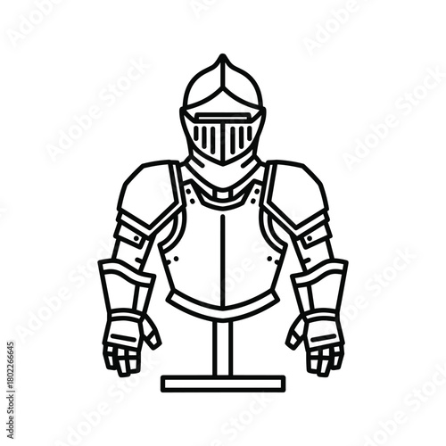 Medieval knight suit of armor line art illustration on white background, vintage historical warrior defense equipment graphic.