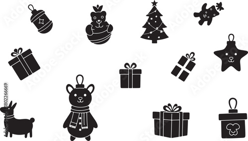 Black silhouette Christmas ornaments and gift boxes on white background festive season