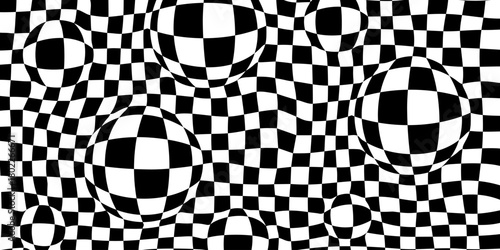 Groovy checker background with black and white optical illusion spheres creating a wavy pattern. Checkered groovy composition with distorted geometry. Vector illustration.