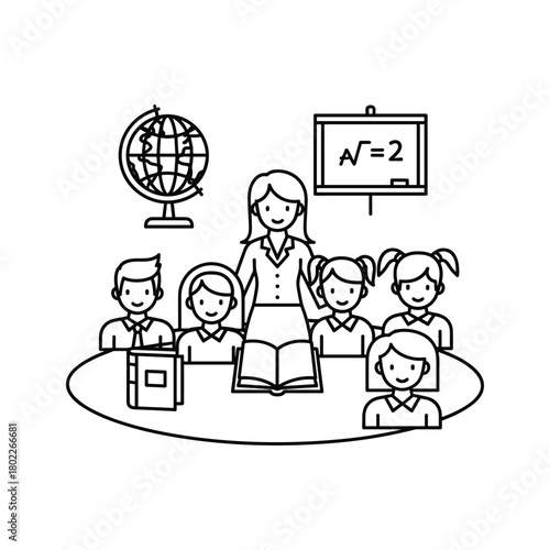 Educator teaching diverse students in a classroom setting, featuring globe, blackboard, and books, line art