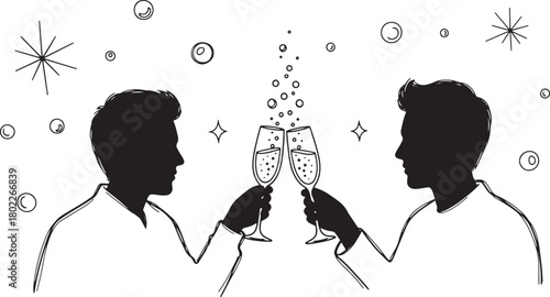 Celebrating Success Two men toasting with champagne glasses monochrome illustration