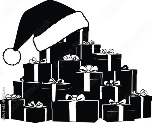 Pile of christmas gift boxes with santa hat, a symbol of generosity and holiday spirit, perfect for spreading cheer and joy