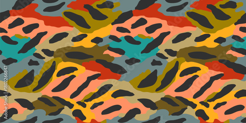 Abstract vector seamless pattern with animal print. Tropical exotic jungle background with spots, organic shapes. Stylish camouflage patchwork background texture. Summer design for decor, textile