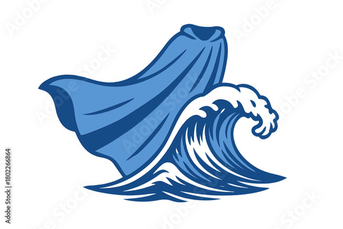 Vibrant blue cape dramatically flowing over large ocean wave crest