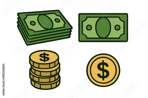 Set of cash bills and dollar coins icons for finance concepts
