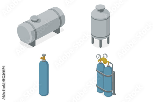 Isometric collection of industrial storage tanks and gas cylinders