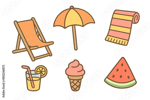 Set of summer vacation beach icons featuring deck chair and cold treats