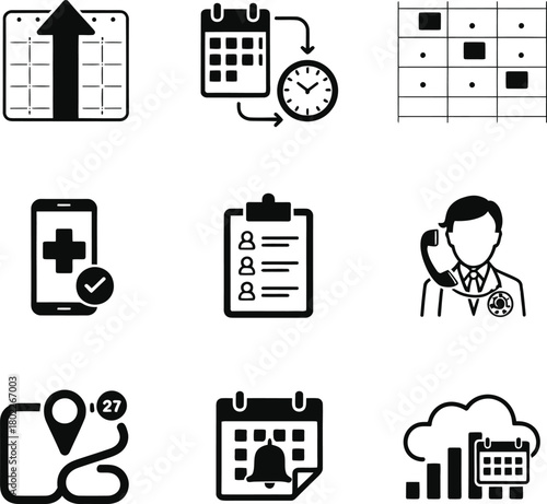 Collection of healthcare and medical service icons representing appointments and planning