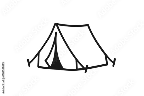 Minimalist hand drawn outline icon of a camping tent structure