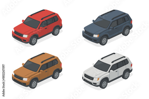 Four isometric sport utility vehicles in different colors isolated on white background