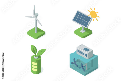 Isometric set of renewable energy icons featuring wind, solar, battery, and hydro power