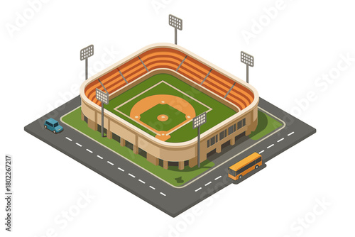 Isometric view of baseball stadium with surrounding road and traffic