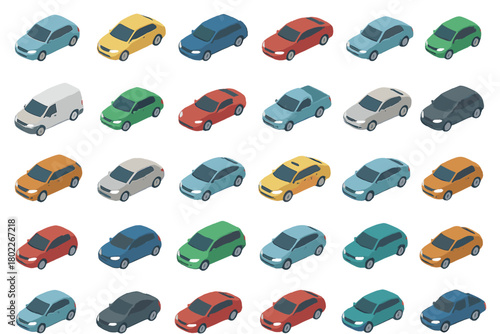 Isometric collection of colorful passenger cars and delivery van