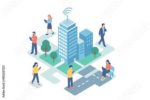 Isometric city scene with people using mobile devices and wireless connectivity