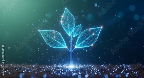 Digital glowing wireframe plant seedling growing from sparkling dark ground. Concept of agricultural technology, digital botany, bio-engineering, and the future of sustainable farming innovation.