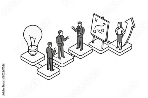 Isometric business team developing strategy from initial idea to market growth