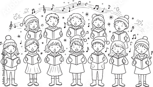 Childrens Choir Singing Christmas Carols in Winter Clothing Black and White