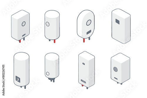 Isometric collection of various white water heater tanks and domestic boilers