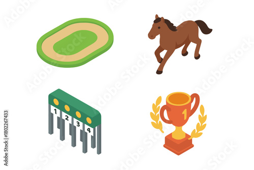 Isometric icons set featuring horse racing elements like track starting gate and trophy