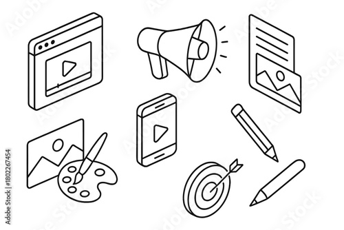 Isometric outline icons for digital marketing and content creation strategy
